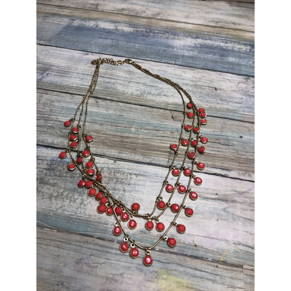 Anne Klein Bezel Multi Strand Layered coral‎ Color Gold Tone Necklace 18"
